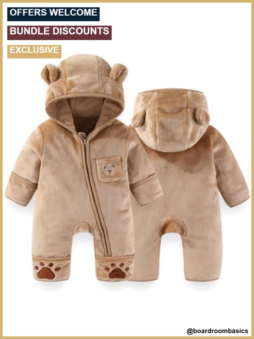 Newborn Fleece Snowsuit Bear Hooded Romper Fold-Over Mittens Footies Winter